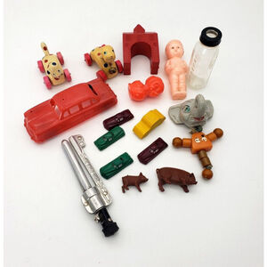Lot Of 16 Small Vintage Toys Wood Plastic Doll Cars Bottle Curling Iron